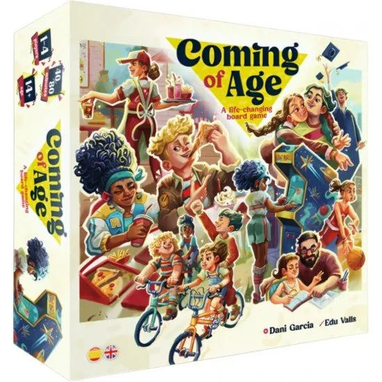 Coming of Age board game box featuring coming-of-age life journey artwork with child and adolescent character illustrations