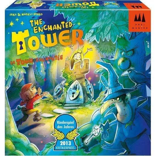 A colorful children's board game set up with a tall plastic tower model, a wizard figure, a knight figurine, and round forest tokens on a grass-patterned map