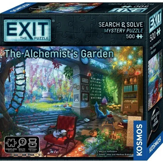 EXIT The Alchemist's Garden escape room card game box featuring abandoned villa and mysterious garden artwork