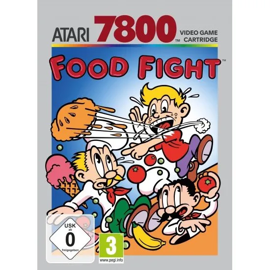 Food Fight game cartridge for Atari 2600 Plus featuring Charley Chuck and four chefs in classic arcade cafeteria artwork