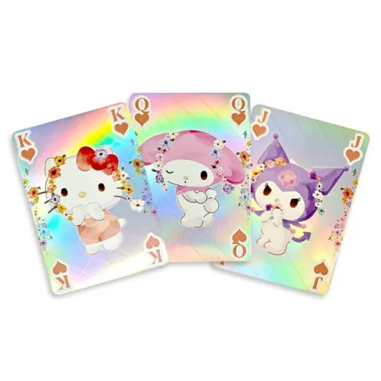 Close-up of Hello Kitty and Friends Holographic Playing Cards showing illustrated face cards featuring Hello Kitty and Sanrio friends