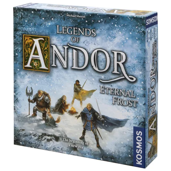 A fantasy board game expansion box showing a group of four armored heroes standing on a snowy mountain ledge looking down at a vast, frozen wilderness
