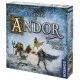 A fantasy board game expansion box showing a group of four armored heroes standing on a snowy mountain ledge looking down at a vast, frozen wilderness