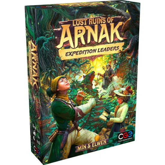 Lost Ruins of Arnak Expedition Leaders expansion box featuring six unique leader characters on the island of Arnak