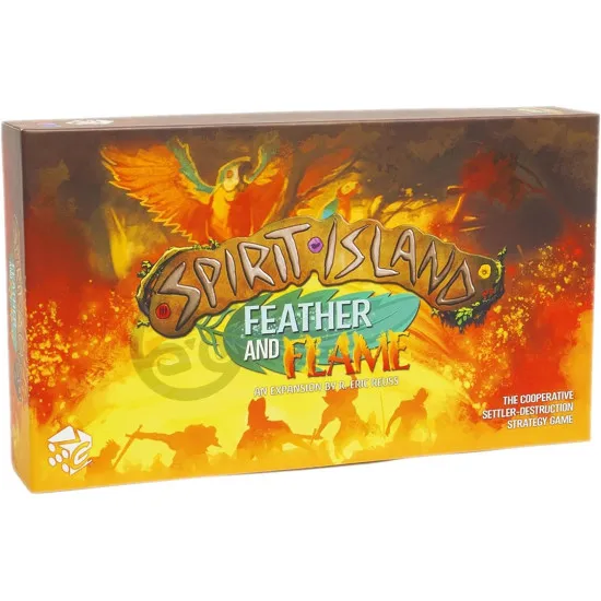 A board game expansion box showing a majestic fire spirit with glowing red eyes rising alongside a giant feathery bird spirit above a stormy sea