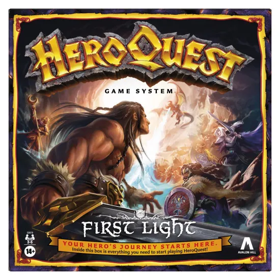 A board game box showing a brave barbarian, dwarf, elf, and wizard fighting a massive red dragon inside a dark, ancient stone dungeon