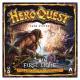 A board game box showing a brave barbarian, dwarf, elf, and wizard fighting a massive red dragon inside a dark, ancient stone dungeon