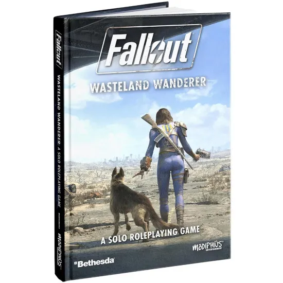 A hardcover roleplaying book styled like a weathered blue and yellow Vault-Tec manual, featuring a Pip-Boy displaying a map of the irradiated surface