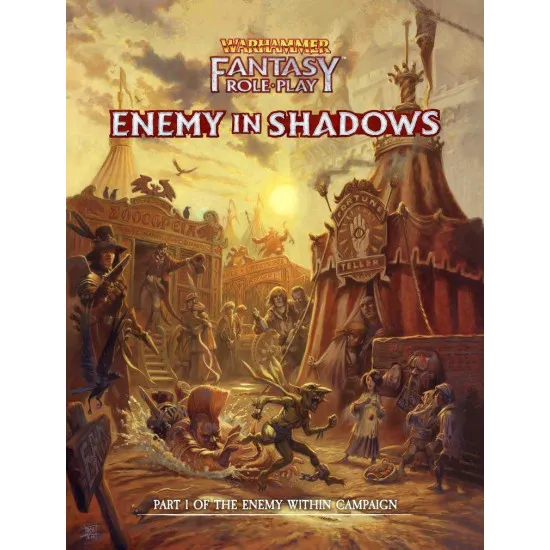 A hardcover roleplaying campaign book showing a group of suspicious travellers walking down a misty, cobblestone street in a dangerous town of the Empire