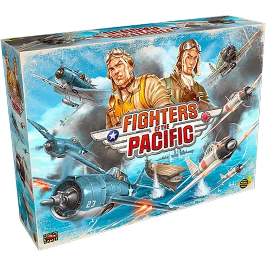 Box art for Fighters of the Pacific board game showing World War II fighter planes in combat over the ocean
