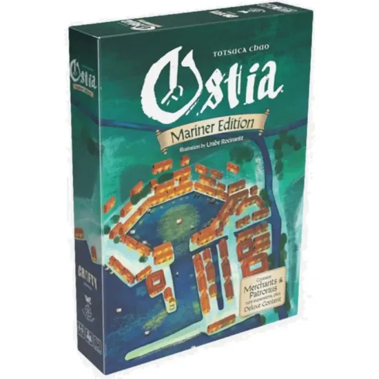 Box art for Ostia Mariner Edition board game showing Roman merchant ships docked in the ancient port of Ostia