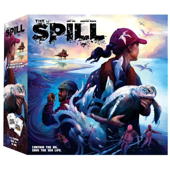 Box art for The Spill board game showing marine life and an offshore oil rig disaster