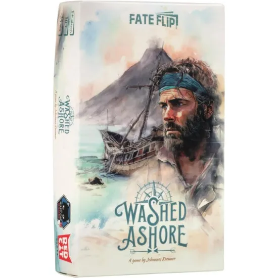 Box art for Washed Ashore card game showing a stranded survivor on a deserted island shoreline