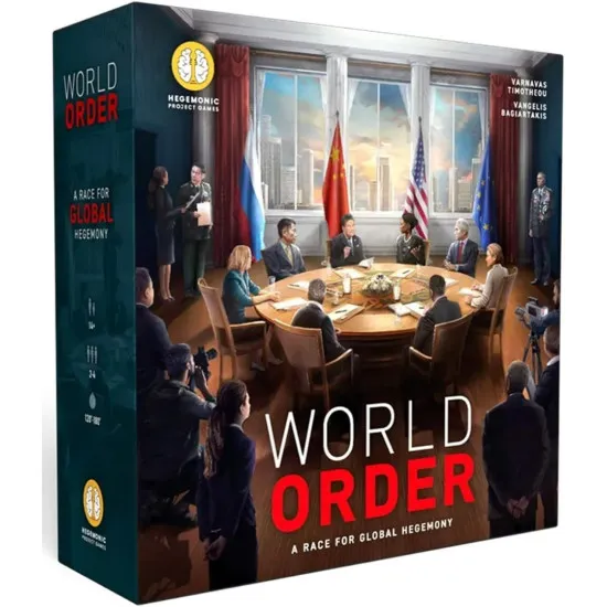 Box art for World Order board game displaying a stylized world map representing geopolitical dominance