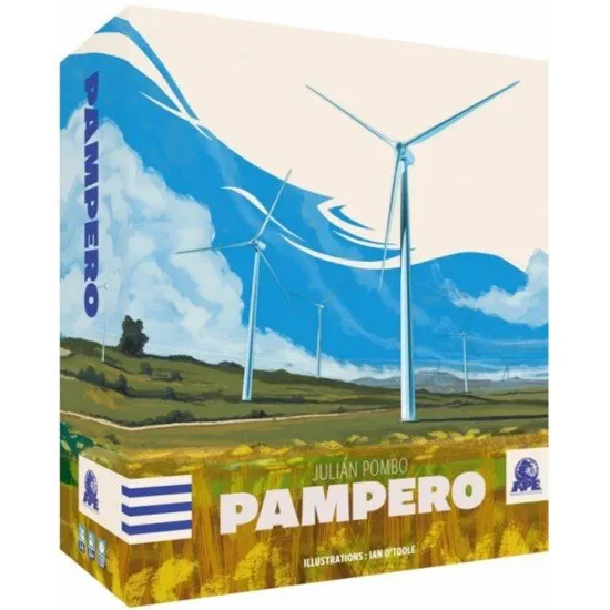 Pampero board game cover showing wind turbines and energy infrastructure on a map of Uruguay