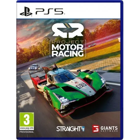The box art for the game Project Motor Racing on PS5, showing a high-performance race car speeding down a track.