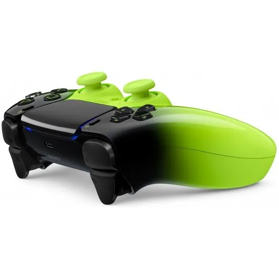 The DualSense Wireless Controller in Remix Green, featuring a vibrant neon green and black two-tone design with a glossy finish.