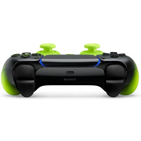 The DualSense Wireless Controller in Remix Green, featuring a vibrant neon green and black two-tone design with a glossy finish.