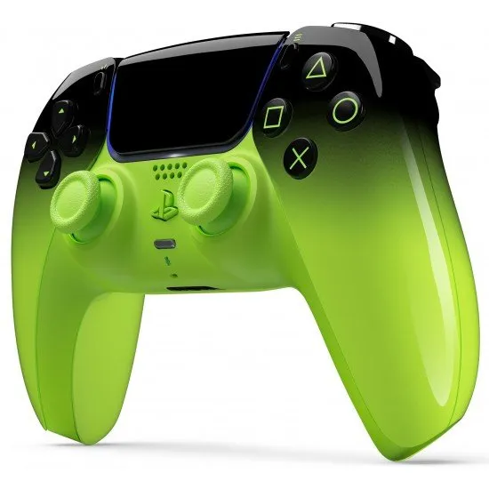 The DualSense Wireless Controller in Remix Green, featuring a vibrant neon green and black two-tone design with a glossy finish.