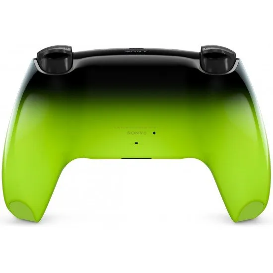 The DualSense Wireless Controller in Remix Green, featuring a vibrant neon green and black two-tone design with a glossy finish.