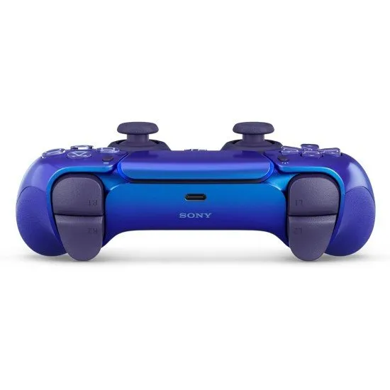 A PlayStation 5 DualSense controller with a shifting metallic finish that transitions between deep blue and royal purple