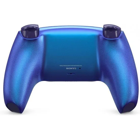 A PlayStation 5 DualSense controller with a shifting metallic finish that transitions between deep blue and royal purple