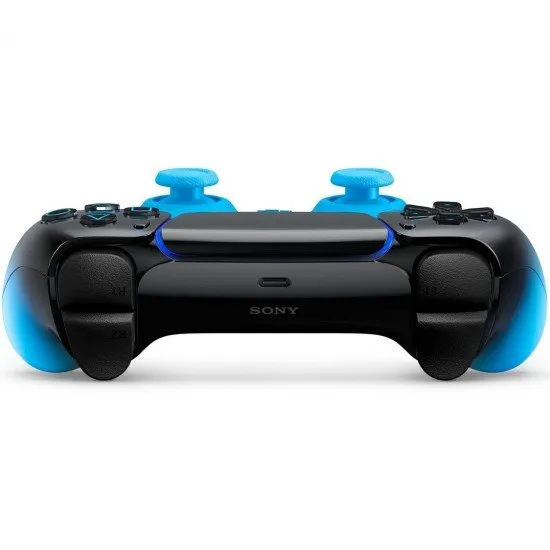 The DualSense Wireless Controller in Rhythm Blue, featuring a vibrant neon green and black two-tone design with a glossy finish.