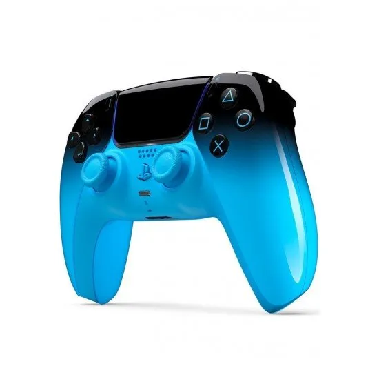 The DualSense Wireless Controller in Rhythm Blue, featuring a vibrant neon green and black two-tone design with a glossy finish.