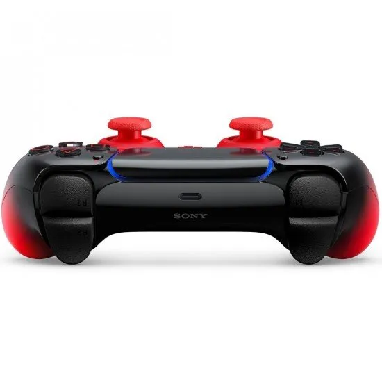 The DualSense Wireless Controller in Techno Red, featuring a vibrant neon green and black two-tone design with a glossy finish.