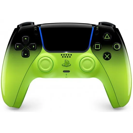 The DualSense Wireless Controller in Remix Green, featuring a vibrant neon green and black two-tone design with a glossy finish.