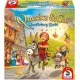 A colourful board game box showing a cartoon donkey, sheep, pig, and cow racing down a winding countryside path towards a vibrant medieval festival town