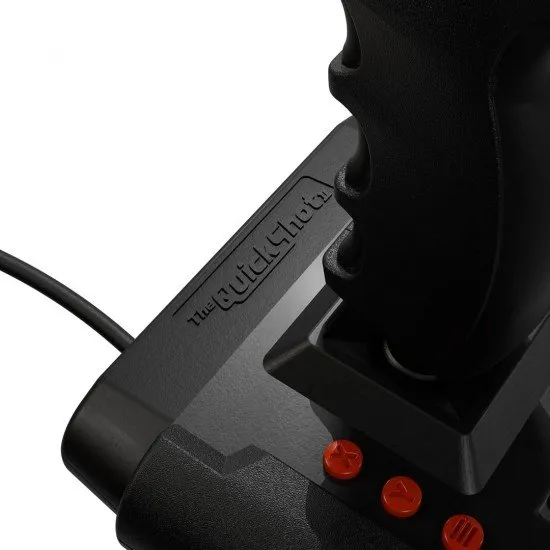 The Quickshot II joystick featuring a red stick, ergonomic grip, and black base with function buttons