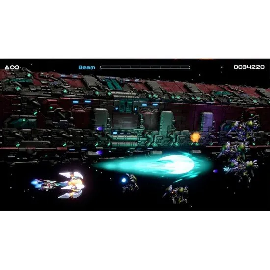 The R-90 Ragnarok fighter ship weaving through bio-mechanical obstacles and firing a beam at a giant alien boss