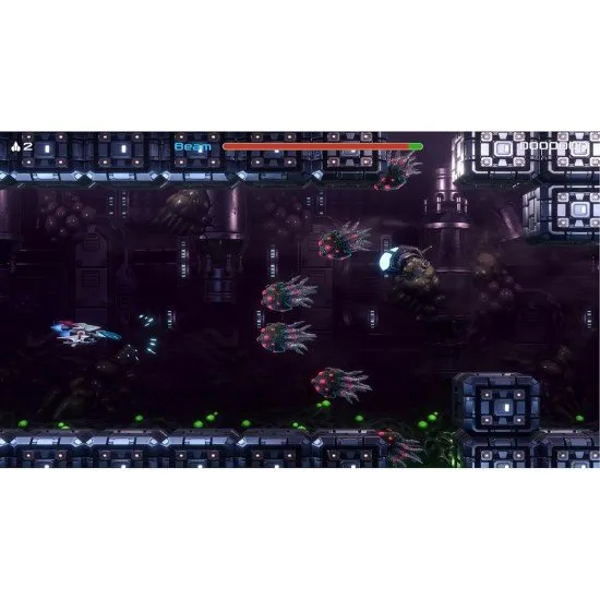 The R-90 Ragnarok fighter ship weaving through bio-mechanical obstacles and firing a beam at a giant alien boss