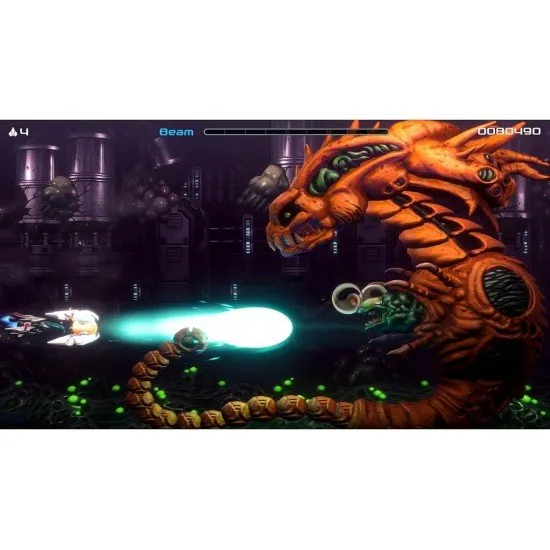 The R-90 Ragnarok fighter ship weaving through bio-mechanical obstacles and firing a beam at a giant alien boss