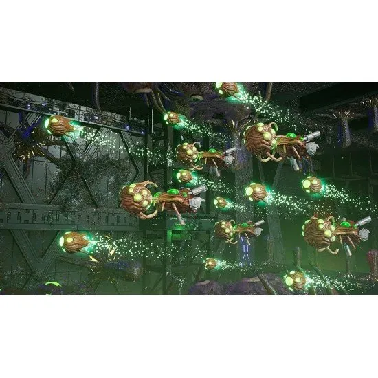 A Nintendo Switch game case displaying the dramatic combat of human space fighters and giant biomechanical alien monsters in deep space