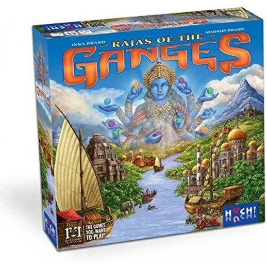 Rajas of the Ganges board game box featuring a vibrant Indian palace and the Great Mughal