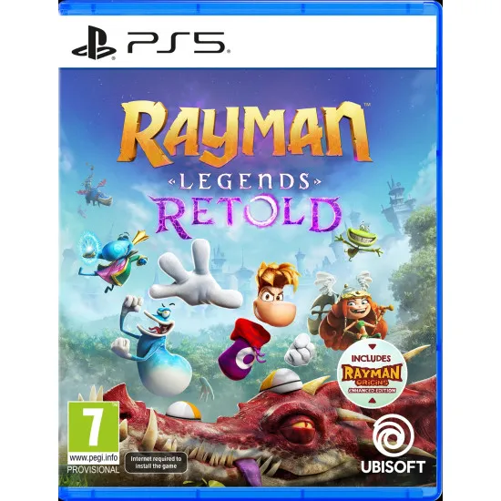 A PlayStation 5 game case depicting Rayman executing a mid-air wind-up punch while floating luminescent creatures swirl around a glowing ancient castle background