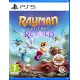 A PlayStation 5 game case depicting Rayman executing a mid-air wind-up punch while floating luminescent creatures swirl around a glowing ancient castle background