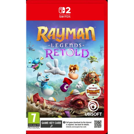 A Nintendo Switch 2 game case showing Rayman, Globox, and Barbara sprinting away from a giant fire-breathing dragon inside a vibrant, colorful medieval fantasy landscape