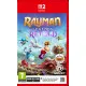 A Nintendo Switch 2 game case showing Rayman, Globox, and Barbara sprinting away from a giant fire-breathing dragon inside a vibrant, colorful medieval fantasy landscape