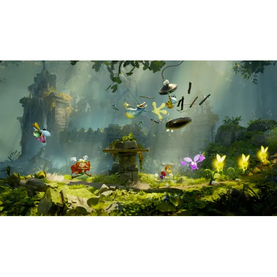 A Nintendo Switch 2 game case showing Rayman, Globox, and Barbara sprinting away from a giant fire-breathing dragon inside a vibrant, colorful medieval fantasy landscape
