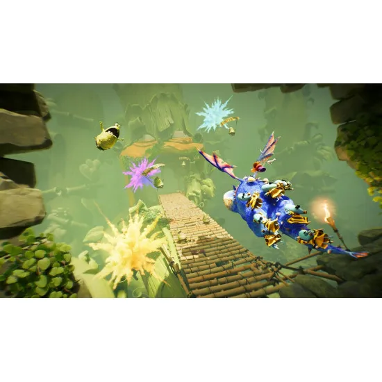 A Nintendo Switch 2 game case showing Rayman, Globox, and Barbara sprinting away from a giant fire-breathing dragon inside a vibrant, colorful medieval fantasy landscape