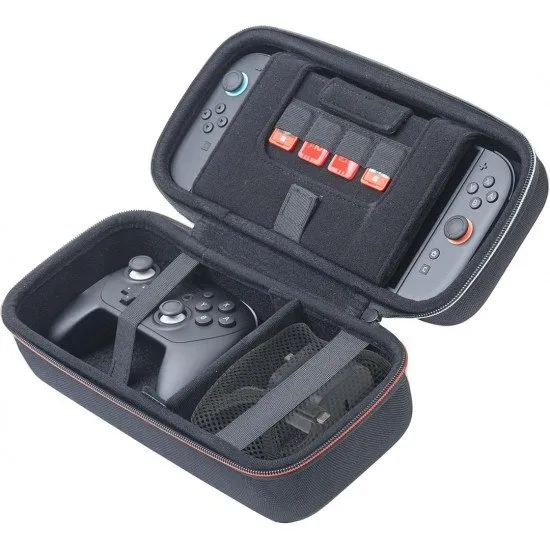 RDS Game Traveler Deluxe System Case showing the internal compartments for Switch 2 console, dock, and accessories