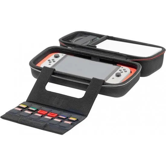 RDS Game Traveler Deluxe System Case showing the internal compartments for Switch 2 console, dock, and accessories