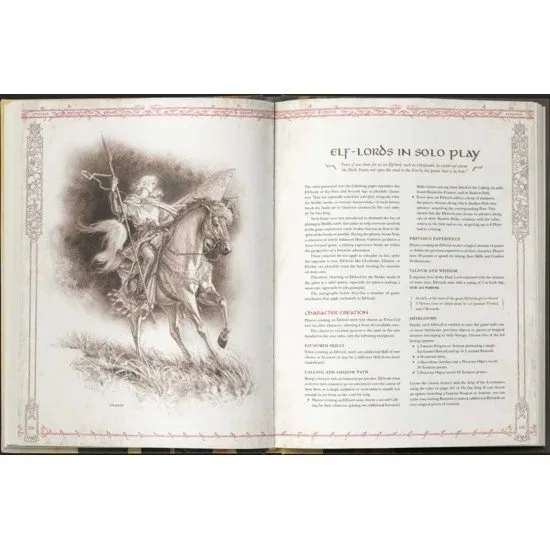 The cover of the hardback RPG supplement, The One Ring: Realms of the Three Rings, featuring intricate illustrations of elves and elven realms.