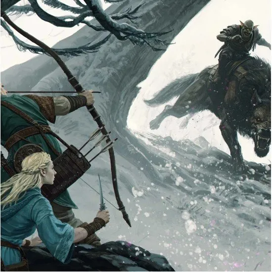 The cover of the hardback RPG supplement, The One Ring: Realms of the Three Rings, featuring intricate illustrations of elves and elven realms.