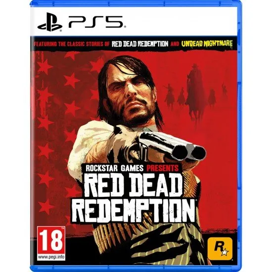 A PlayStation 5 game case featuring John Marston holding a sawed-off shotgun against a stark red and black western backdrop