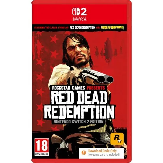 A Nintendo Switch 2 game case showing the iconic red silhouette of John Marston under a burning western sun