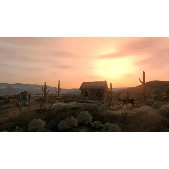 A PlayStation 5 game case featuring John Marston holding a sawed-off shotgun against a stark red and black western backdrop